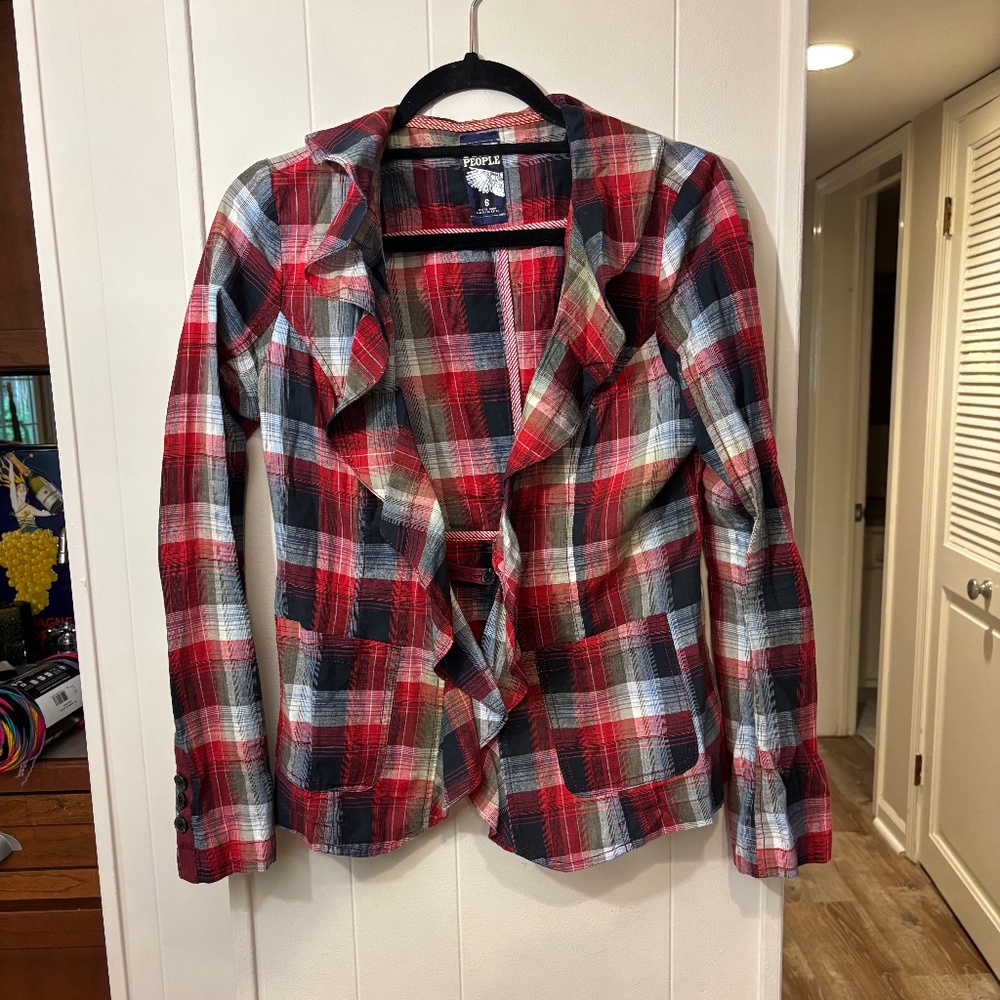 Free People Ruffle-collar - lightweight, cotton plaid jacket - S